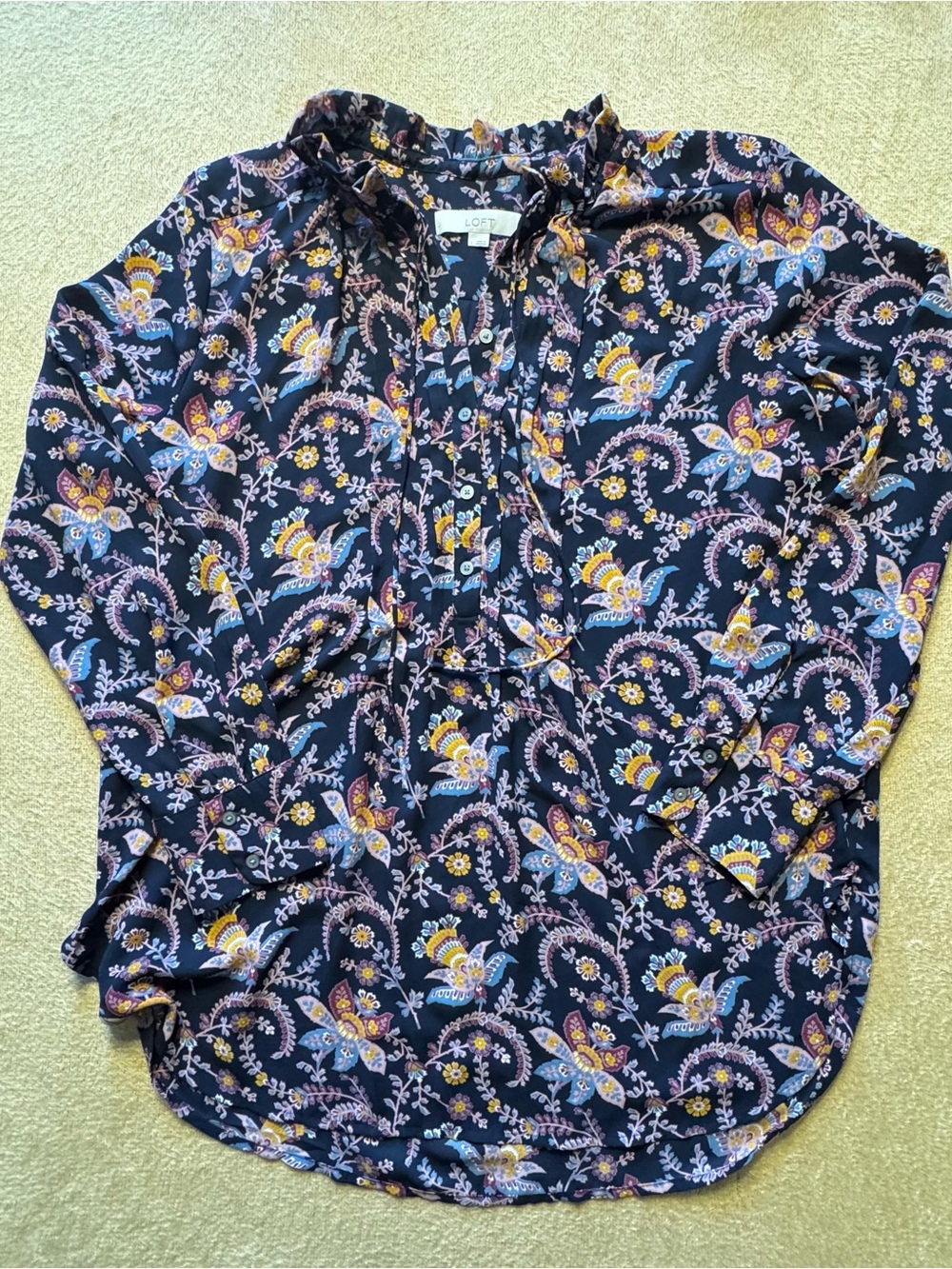 LOFT Navy Floral Ruffle-Trim Tunic length Button Blouse
